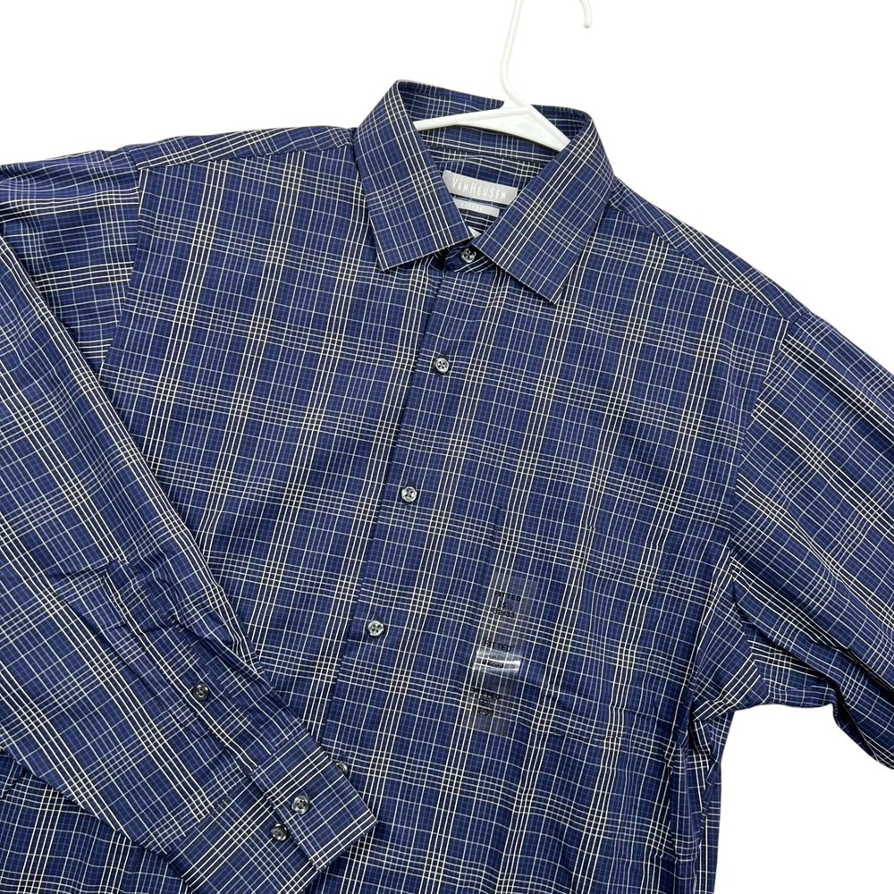 Van Heusen Dress Shirt Men 15.5 32/33 Blue Velvet Grid Fitted Wrinkle Free